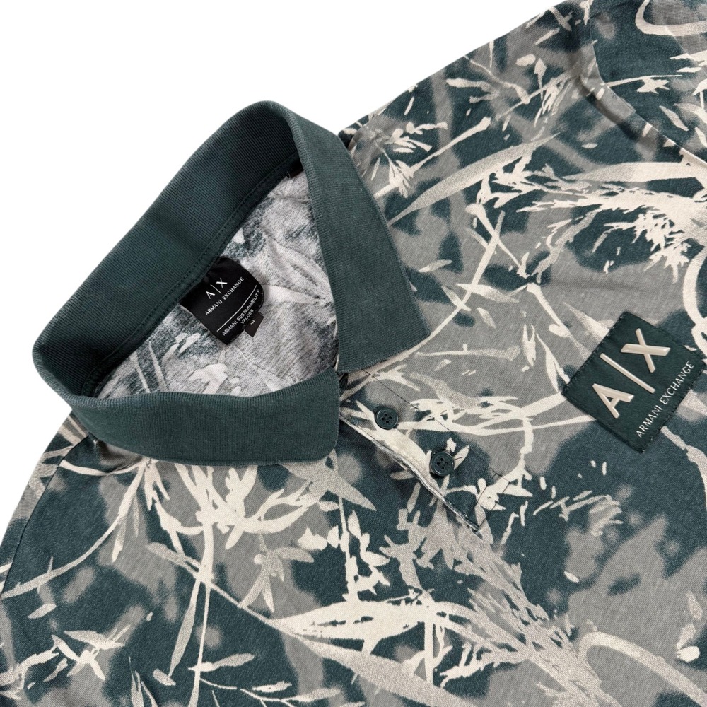 Armani Exchange Polo Shirt Mens XL Green Beige A|X Camo Print Short Sleeve Logo